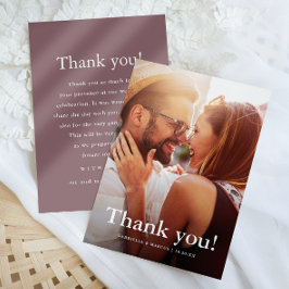 Moderne gedempte pruim foto bruiloft dank u kaart