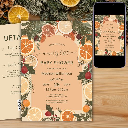 Moderne gedroogde citrus Merry Little Baby shower  Kaart