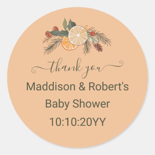 Moderne Gedroogde Winter Citrus Baby Shower Ronde Sticker (Voorkant)