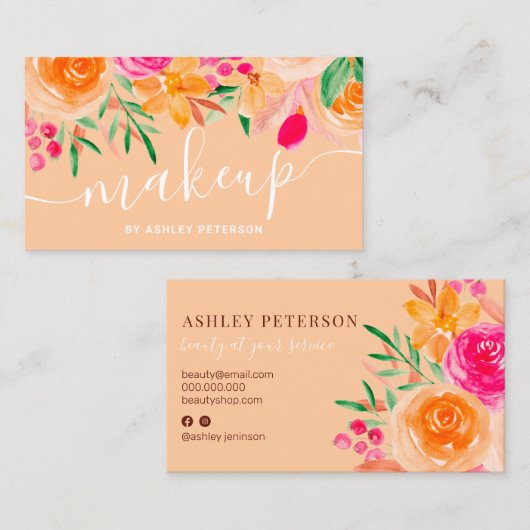 Moderne gedurfde bloemige waterverf scriptmake-up visitekaartje (Voorkant / Achterkant)