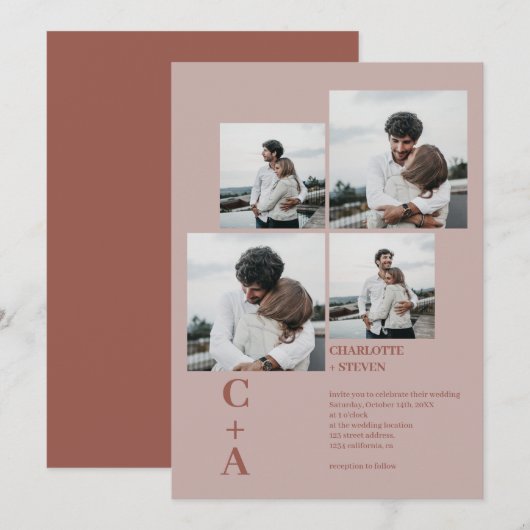 Moderne gedurfde boho brown 4 foto's grid bruiloft kaart (Voorkant / Achterkant)
