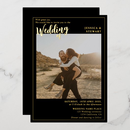 Moderne, gedurfde foto van het zwarte trouwscript folie uitnodiging (Voorkant / Achterkant)