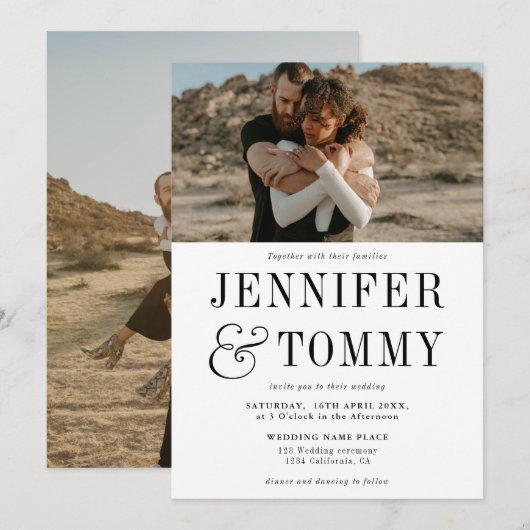 Moderne gedurfde herfst zwarte witte foto bruiloft kaart (Voorkant / Achterkant)