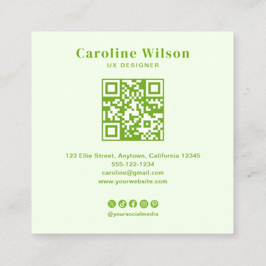 Moderne gedurfde limoengroen professionele QR-code Vierkante Visitekaartje (Achterkant)