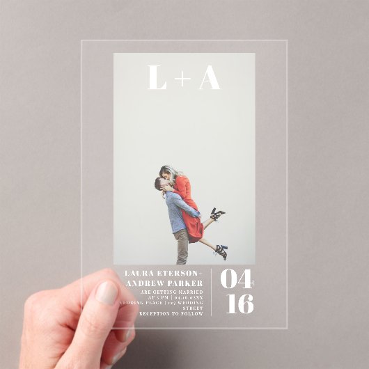 Moderne, gedurfde, minimalistische initialen fotob acryl uitnodigingen (Insitu (Draagbaar))