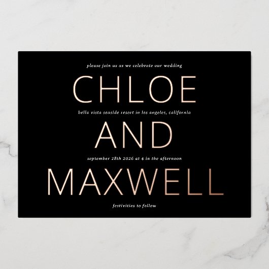 Moderne gedurfde namen Minimalistische bruiloft ui Folie Uitnodiging (Voorkant)