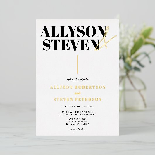 Moderne gedurfde namen script foto bruiloft folie uitnodiging (Staand Voorkant)