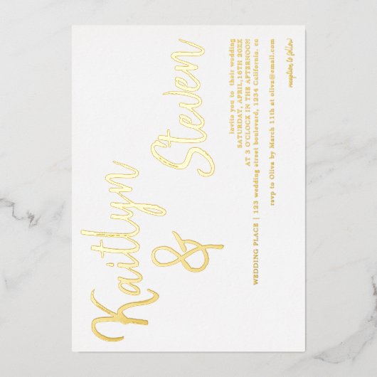 Moderne gedurfde namen script minimalistisch bruil folie uitnodiging (Voorkant)