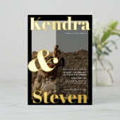 Moderne gedurfde namen zwarte witte foto bruiloft folie uitnodiging (Staand Voorkant)