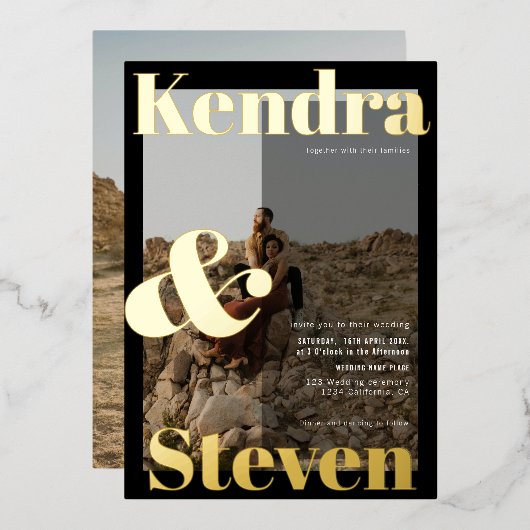 Moderne gedurfde namen zwarte witte foto bruiloft folie uitnodiging (Voorkant / Achterkant)