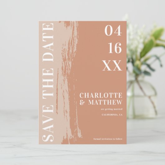 Moderne gedurfde redder de datum van de terracotta save the date (Staand voorkant)