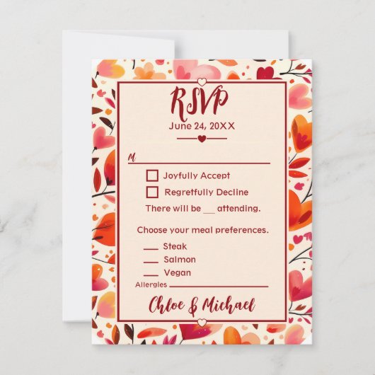 Moderne gedurfde rode oprechte bloemen RSVP kaartje (Voorkant)