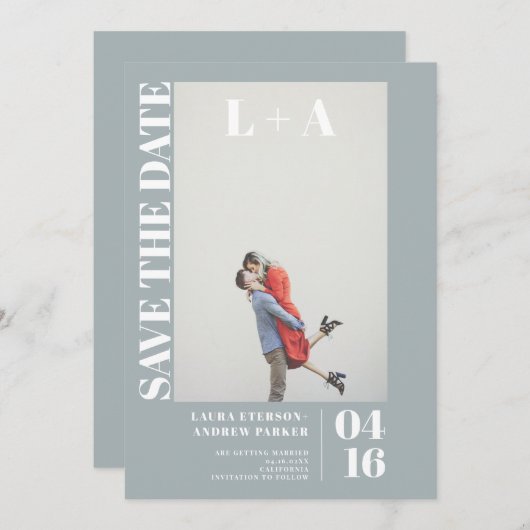 Moderne gedurfde, stoffige blauwe foto van het ini save the date (Voorkant / Achterkant)