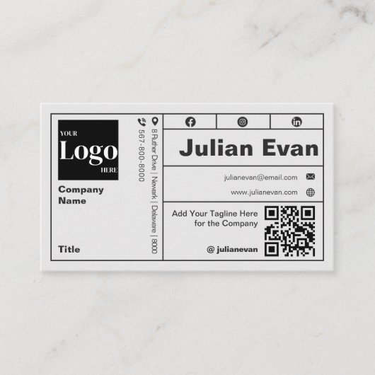 Moderne gedurfde typografie zwart-wit QR-code Visitekaartje (Voorkant)