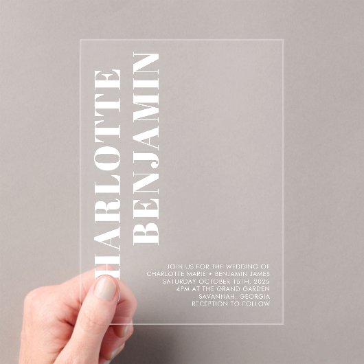 Moderne gedurfde witte minimalistische bruiloft acryl uitnodigingen (Insitu (Draagbaar))