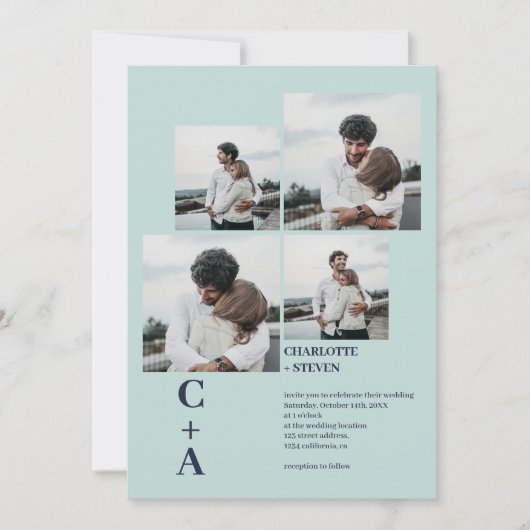 Moderne, gedurfde zee blauw 4 foto's grid bruiloft kaart (Voorkant)