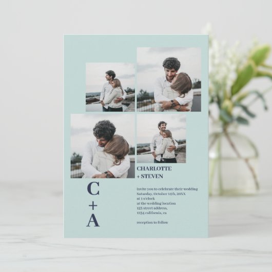 Moderne, gedurfde zee blauw 4 foto's grid bruiloft kaart (Staand voorkant)