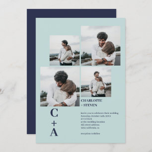 Moderne, gedurfde zee blauw 4 foto's grid bruiloft kaart