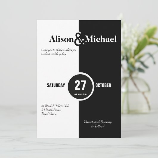 Moderne gedurfde zwart-wit bruiloft uitnodiging (Staand voorkant)