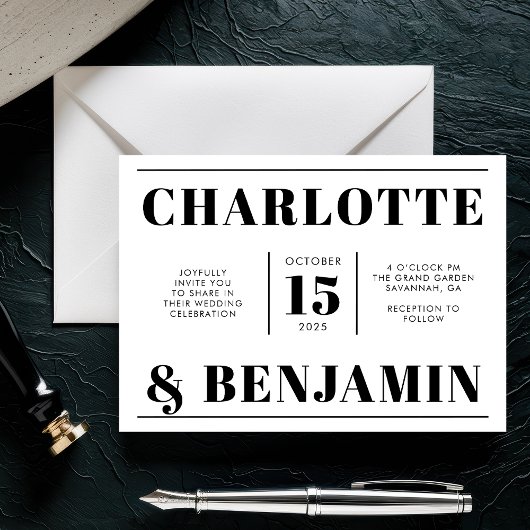 Moderne gedurfde zwart-wit horizontale bruiloft kaart