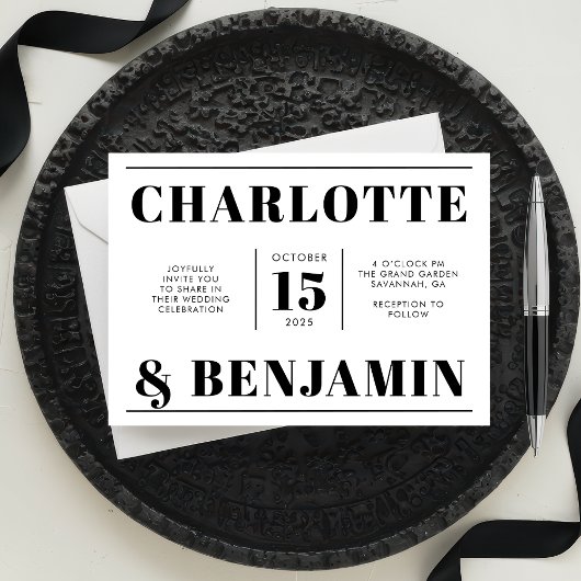 Moderne gedurfde zwart-wit horizontale bruiloft kaart