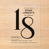 Moderne gedurfde zwarte tekst 18e verjaardagsfeest acryl uitnodigingen (Voorkant)