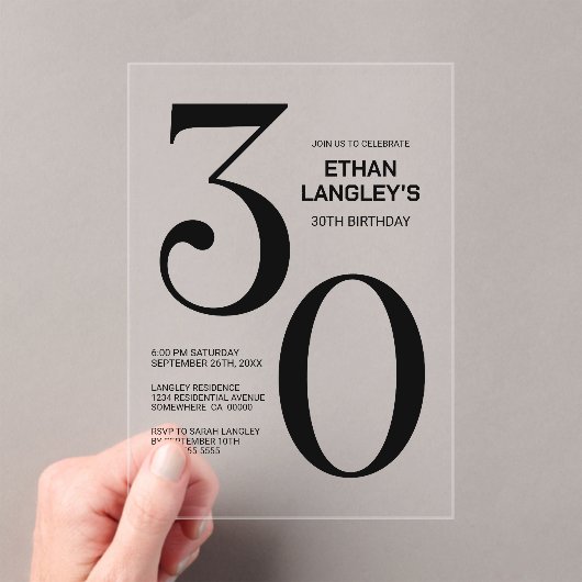 Moderne gedurfde zwarte tekst 30e verjaardagsfeest acryl uitnodigingen (Insitu (Draagbaar))