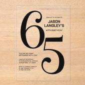 Moderne gedurfde zwarte tekst 65e verjaardagsfeest acryl uitnodigingen (Voorkant)