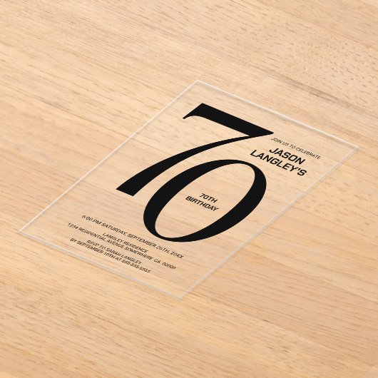 Moderne gedurfde zwarte tekst 70ste verjaardagsfee acryl uitnodigingen (Laagn)