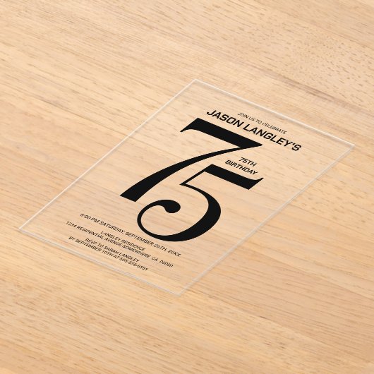 Moderne gedurfde zwarte tekst 75e verjaardagsfeest acryl uitnodigingen (Laagn)