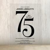 Moderne gedurfde zwarte tekst 75e verjaardagsfeest acryl uitnodigingen