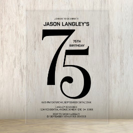 Moderne gedurfde zwarte tekst 75e verjaardagsfeest acryl uitnodigingen
