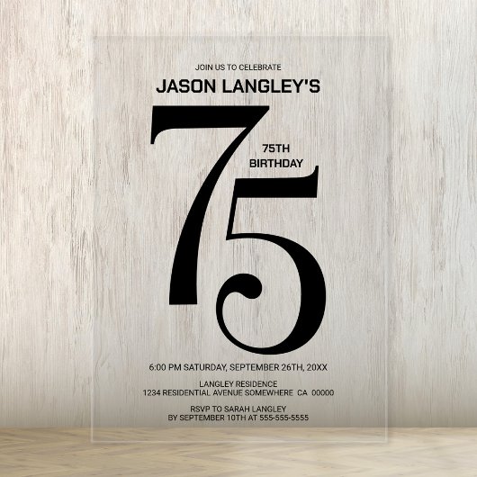 Moderne gedurfde zwarte tekst 75e verjaardagsfeest acryl uitnodigingen