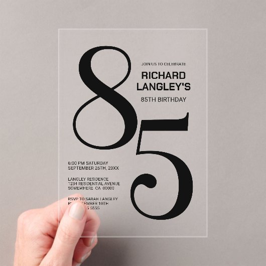 Moderne gedurfde zwarte tekst 85e verjaardagsfeest acryl uitnodigingen (Insitu (Draagbaar))