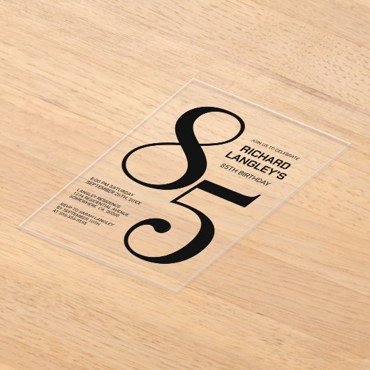 Moderne gedurfde zwarte tekst 85e verjaardagsfeest acryl uitnodigingen (Laagn)