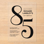 Moderne gedurfde zwarte tekst 85e verjaardagsfeest acryl uitnodigingen (Voorkant)