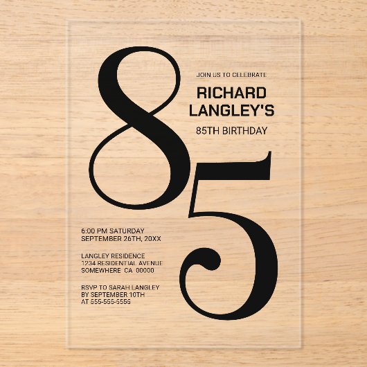 Moderne gedurfde zwarte tekst 85e verjaardagsfeest acryl uitnodigingen (Voorkant)