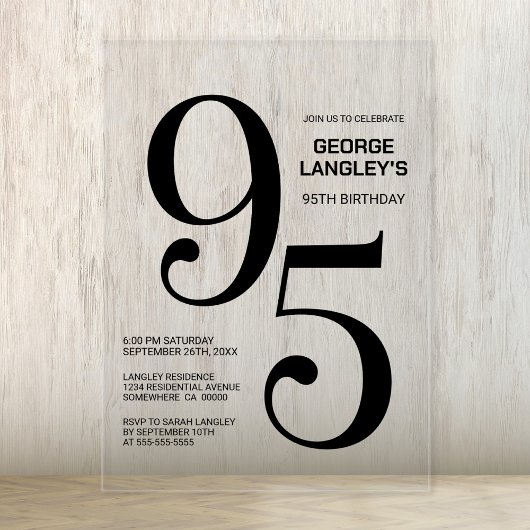 Moderne gedurfde zwarte tekst 95e verjaardagsfeest acryl uitnodigingen