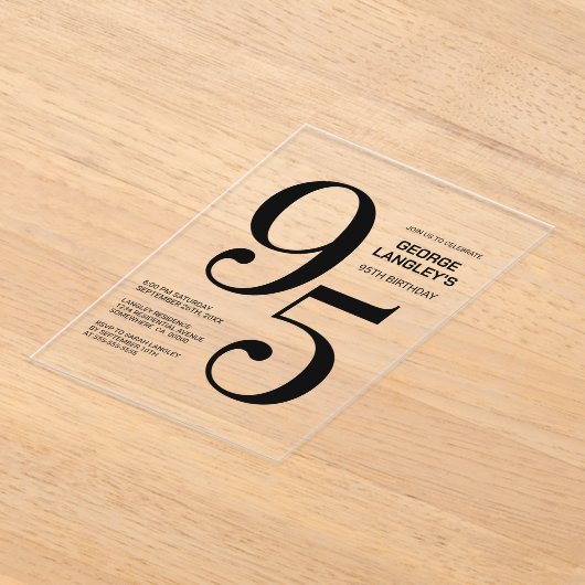 Moderne gedurfde zwarte tekst 95e verjaardagsfeest acryl uitnodigingen (Laagn)