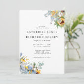 Moderne geel & blauw bloemengeen ouders bruiloft kaart (Staand voorkant)