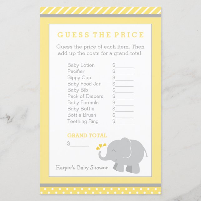 Moderne Geel en grijs Elephant Baby shower Game (Voorkant)