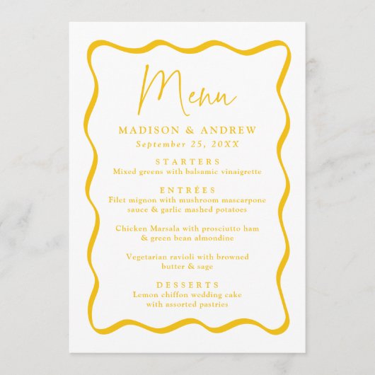 Moderne geel golvende Lijst bruiloft Menu (Voorkant)