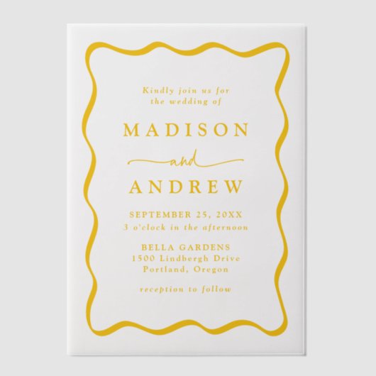 Moderne geel golvende Lijst bruiloft Vellum Uitnodigingen (Voorkant)
