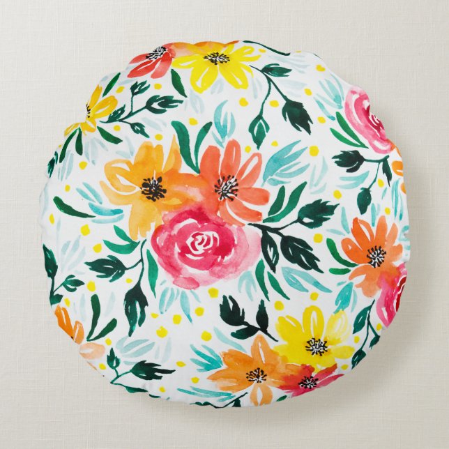 Moderne geel roze bloemen Waterverf ontwerp Rond Kussen (Voorkant)
