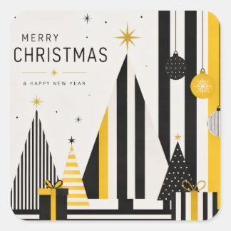 Moderne Geel Zwart en Wit Kerst Vierkante Sticker