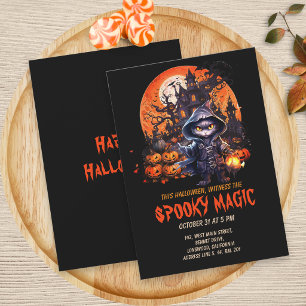 Moderne Geheime Huis Zwarte Kat Heks Halloween Kaart