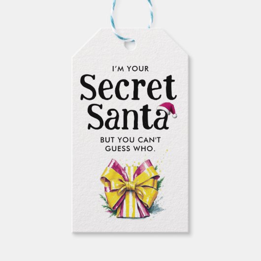 Moderne Geheime Santa Red Yellow Bow Waterverf Cadeaulabel (Voorkant)