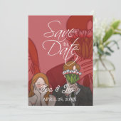Moderne geïllustreerde huwelijksuitnodiging voor e save the date (Staand voorkant)