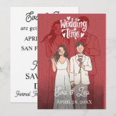 Moderne geïllustreerde huwelijksuitnodiging voor e save the date (Voorkant / Achterkant)