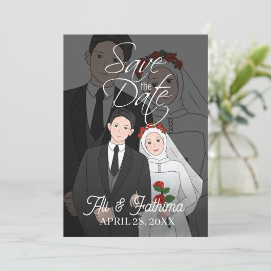 Moderne geïllustreerde huwelijksuitnodiging voor e save the date (Staand voorkant)